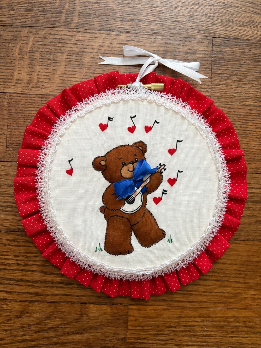 Vintage Teddy Bear Embroidery Hoop Red White Music Nursery Home Decor